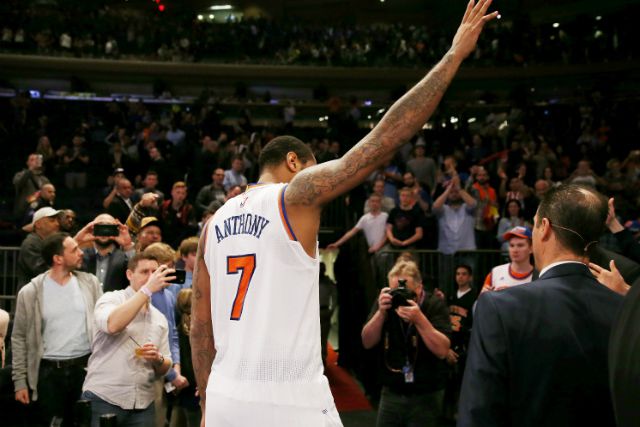 Carmelo Anthony leaves the court after a Knicks win over the 76ers last year.